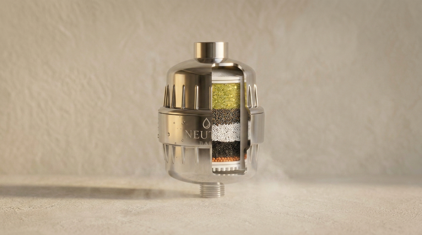 Neutra Bali shower filter with exposed multi-layer filtration media
