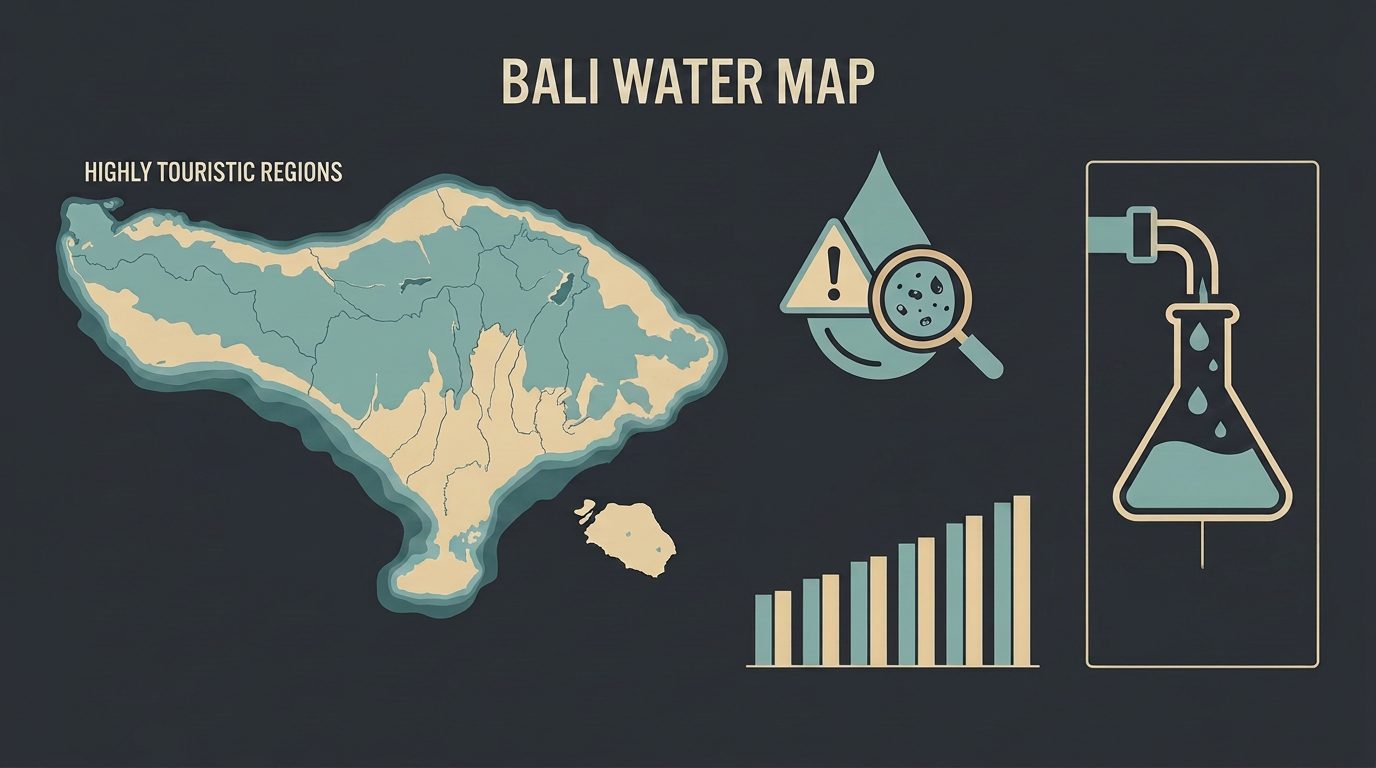 Illustrated Bali water map highlighting highly touristic regions and water quality testing